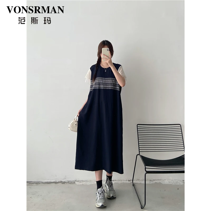 洋气独特设计短袖连衣裙女2025夏季新款胖mm宽松休闲拼接甜美长裙