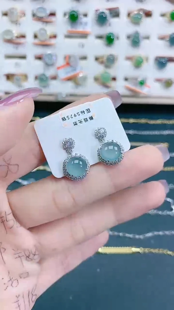 银S925镶嵌翡翠耳饰天然翡翠