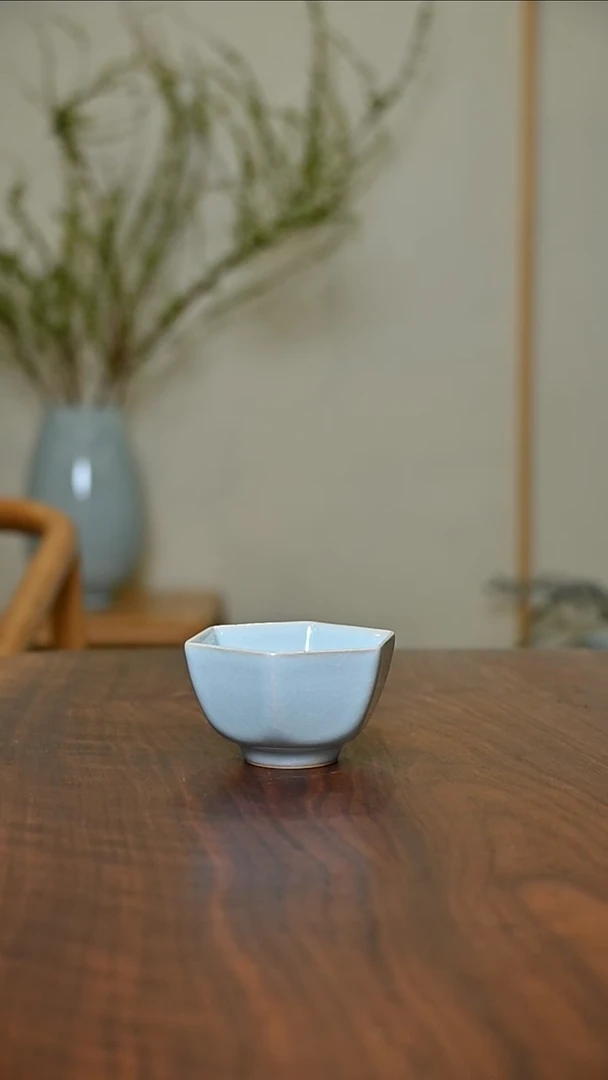 六方杯 天青 微瑕 朱家汝窑款