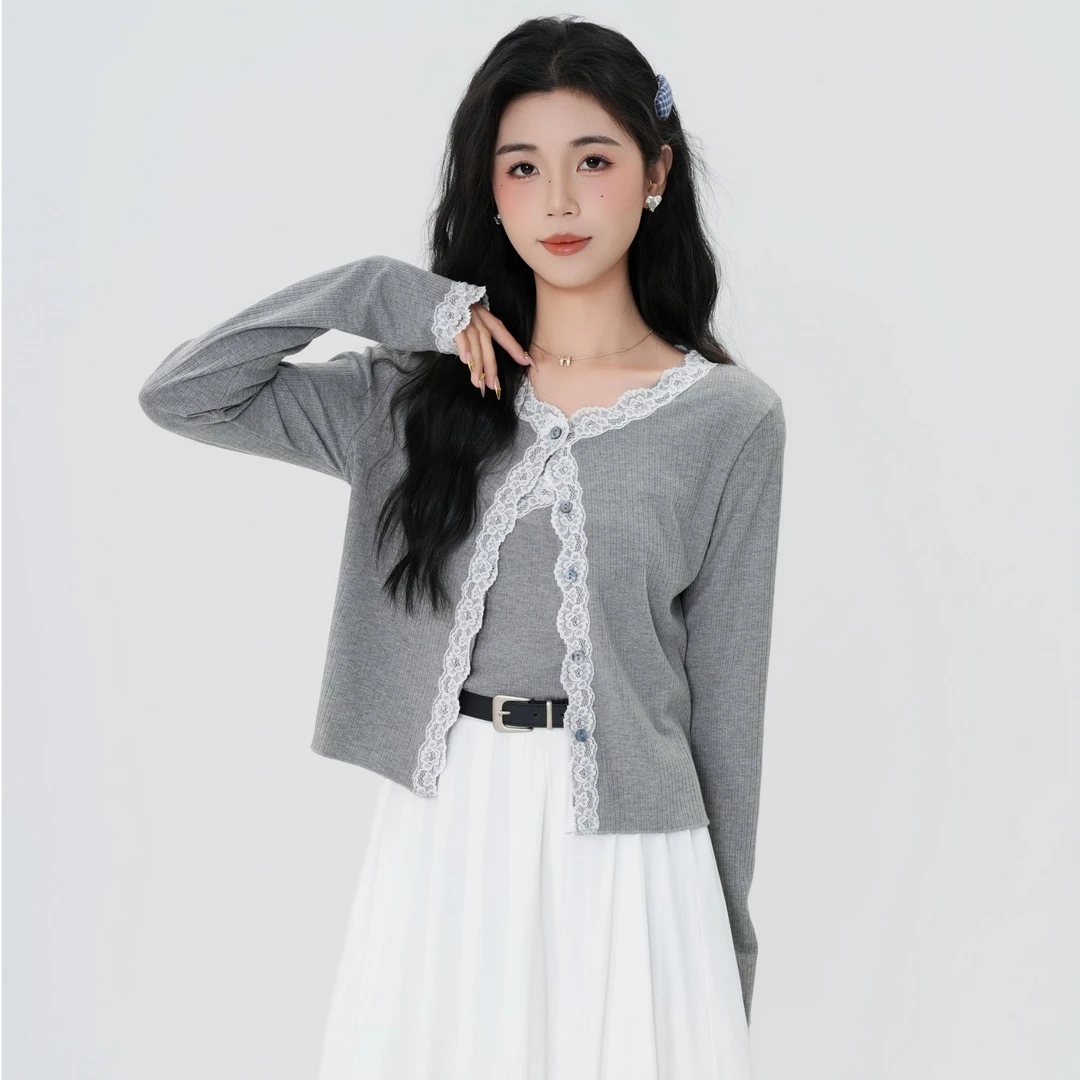 慕兔法式拼接针织开衫打底吊带搭宽松半身裙三件套女2025秋季新款