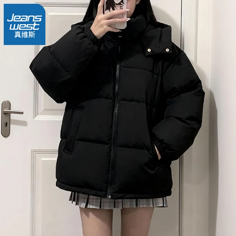 真维斯连帽棉服女2026新款冬季黑色加厚棉袄保暖面包服外套女