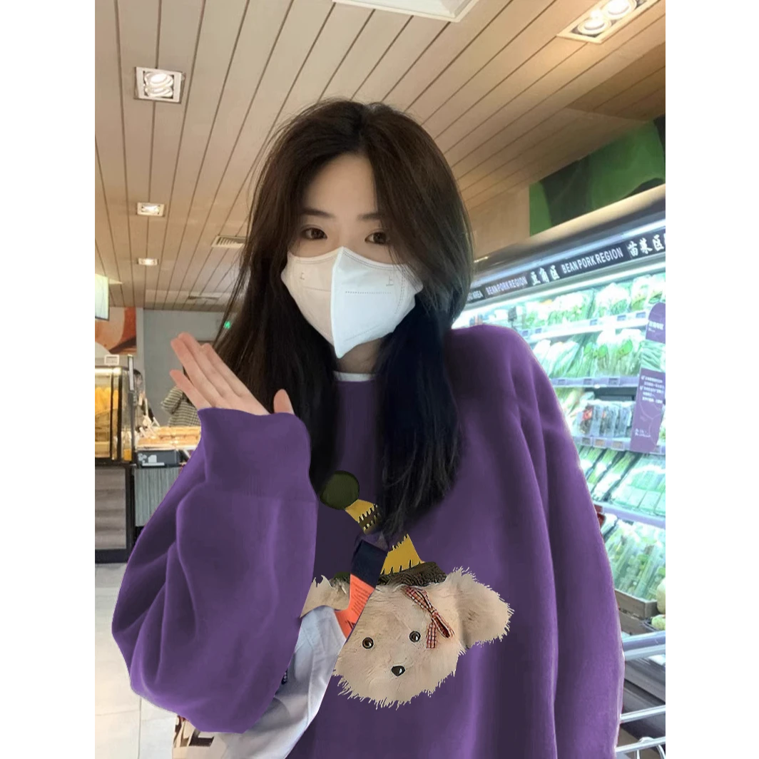 松弛感薄款圆领卫衣女冬季宽松百搭长袖外套小众印花设计感卫衣