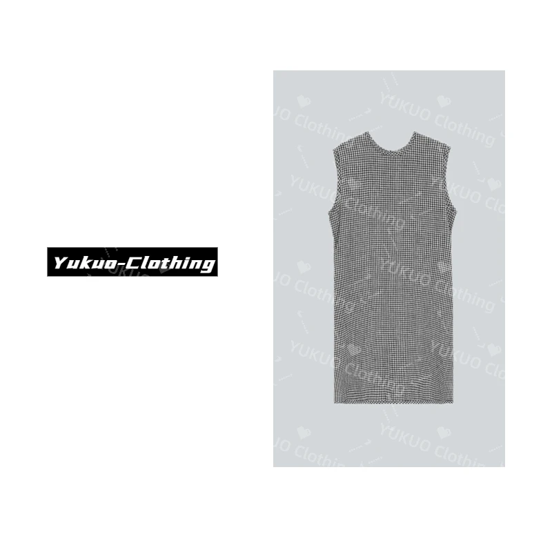 千鸟格亚麻连衣裙夏季