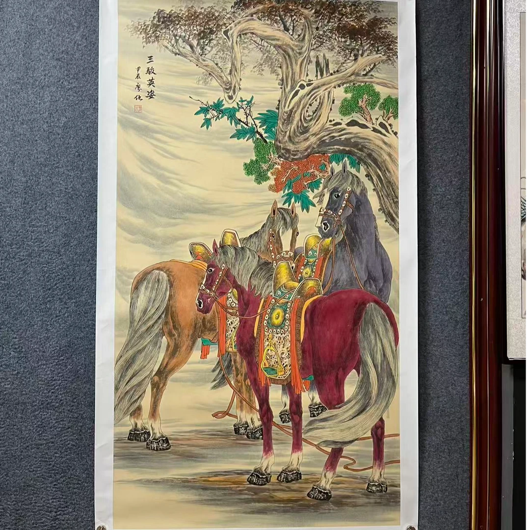 廖化《三骏英姿》六尺 手绘