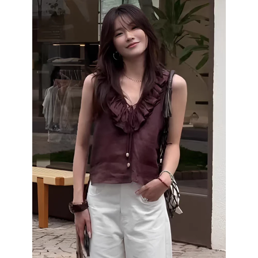 今年流行爆款~高级感荷叶边v领无袖背心衬衫女夏季宽松小个子上衣