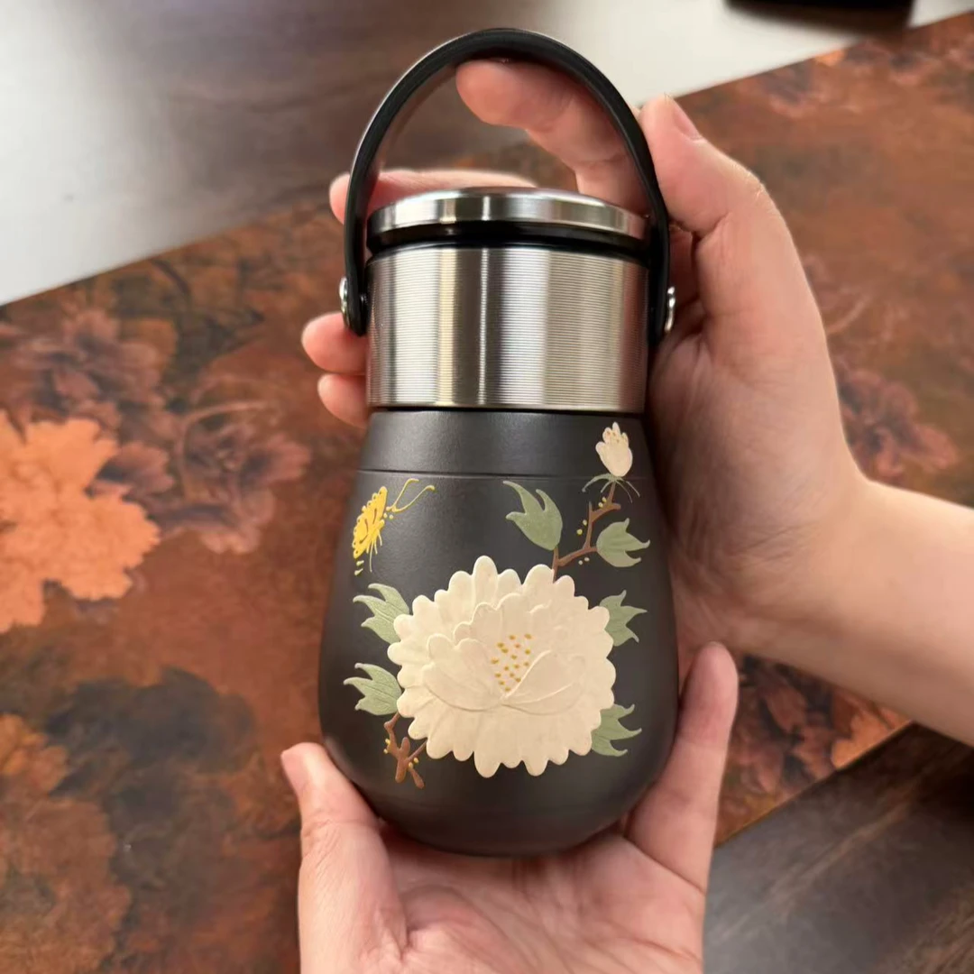 泥绘牡丹感温变色女用便携旅行杯 （增杯套）石黄 堆绘牡丹随身杯