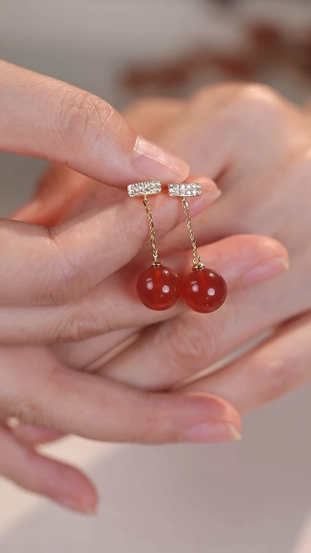 银S925镶嵌耳钉玛瑙/玉髓耳饰