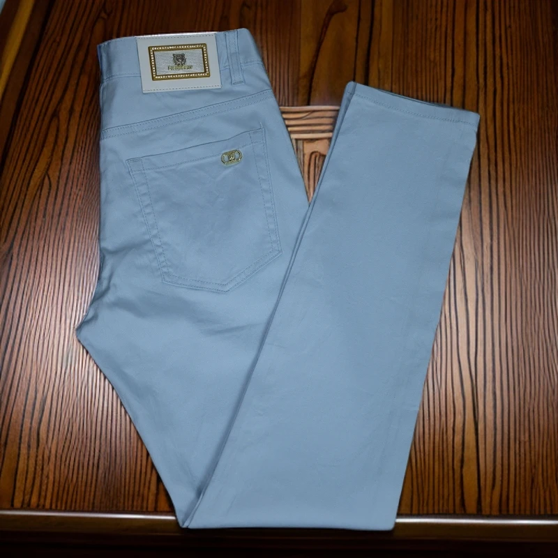维斯克纳天蓝色牛仔裤男夏季薄款莱赛尔修身小脚弹力休闲长裤子
