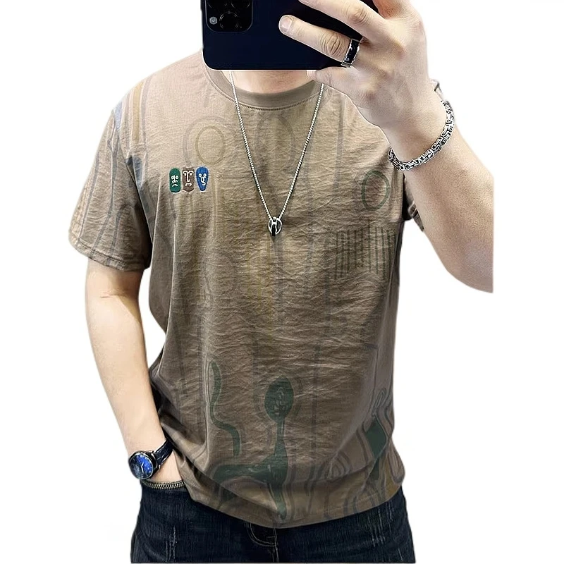 棉麻短袖t恤男夏季男款高端刺绣圆领麻料男装半袖修身体恤潮百搭