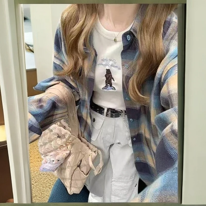 2025新款初春美式慵懒风格子衬衫外套女衬衣小个子宽松长袖上衣