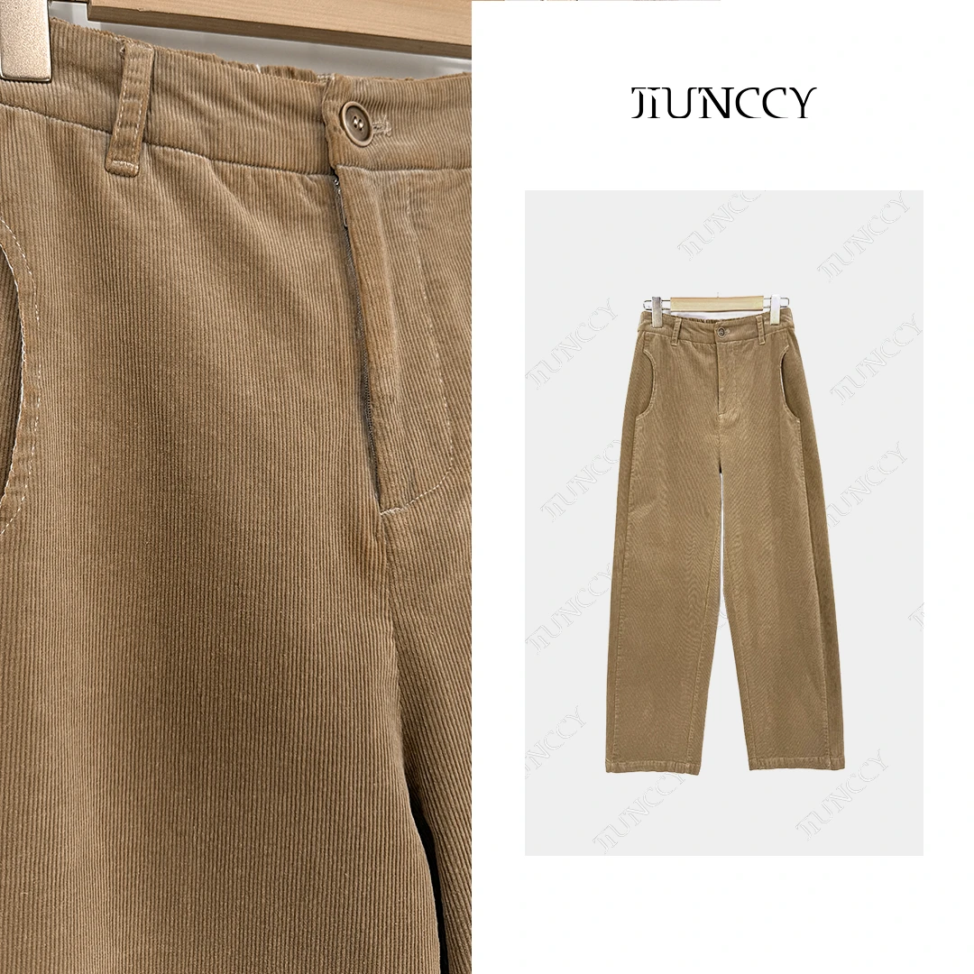 JIUNCCY【复古绒】灯芯绒松紧腰月牙口袋宽松微弯刀长裤 52YCK049