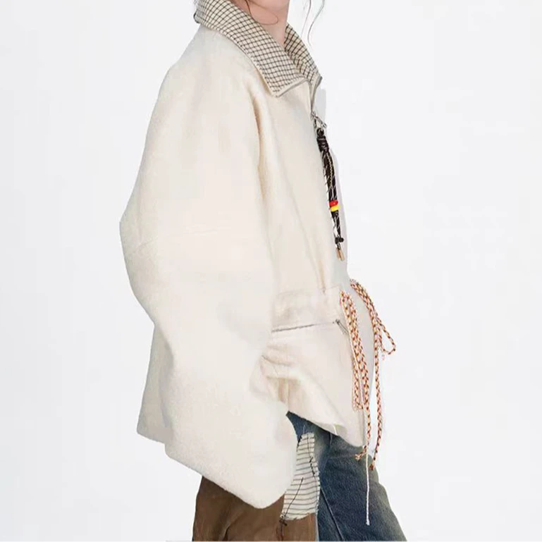 宝丫轻奢  T女式时髦洋气格纹拼接翻领毛呢外套Z314