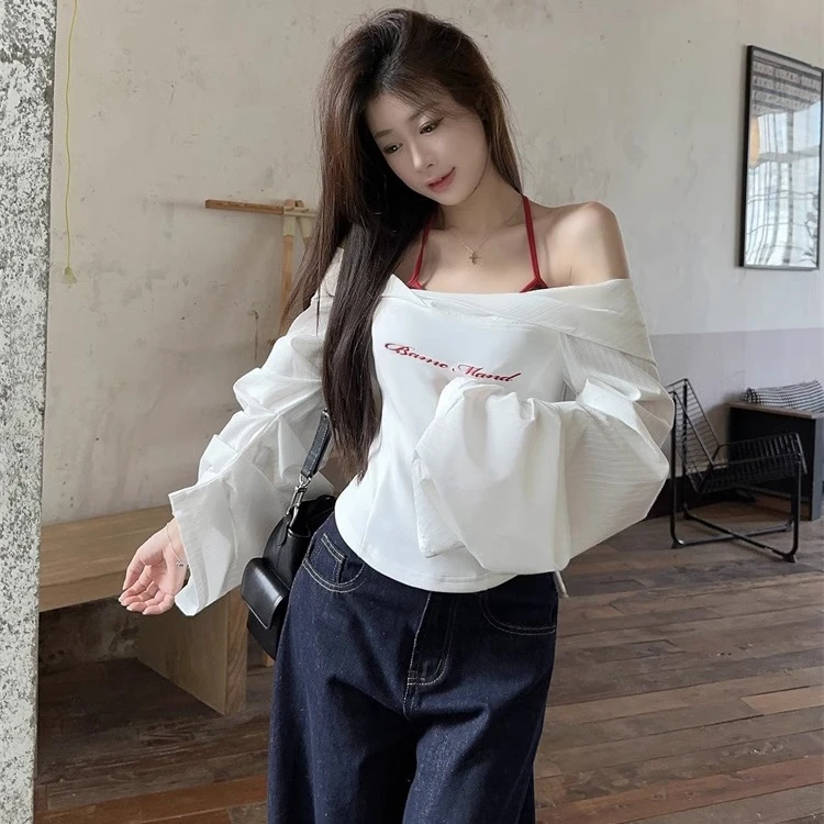 春季新款甜辣露肩小众短款别致衬衫+高腰西装短裙包臀裙