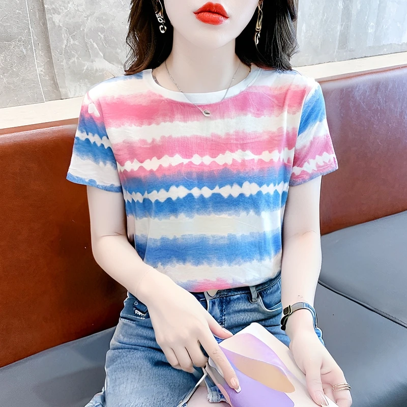别致扎染条纹圆领短袖T恤女宽松显瘦设计感百搭时尚上衣2025夏季
