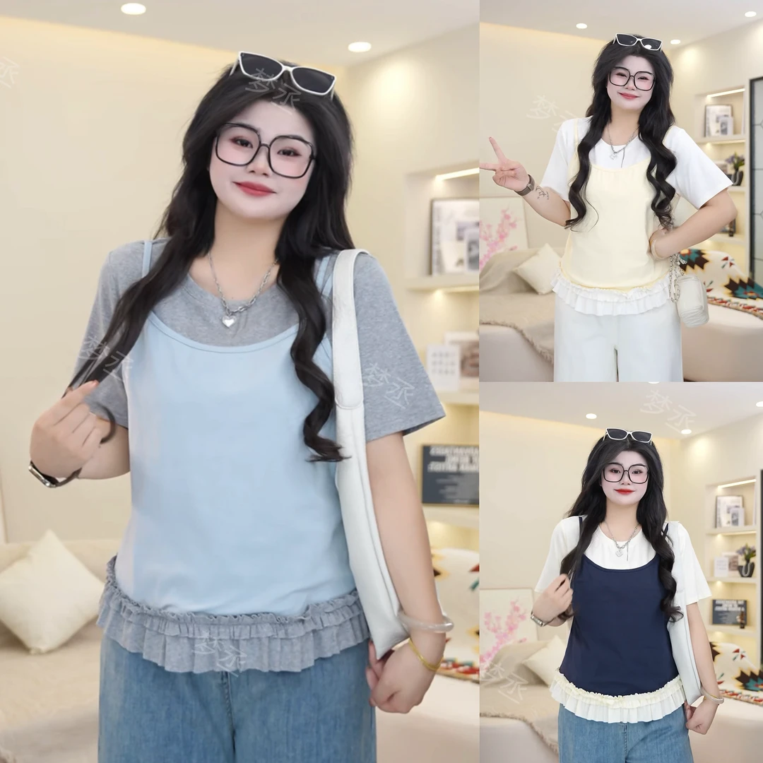 梦丞【绝美画报】大码女装假两件吊带拼接设计感微胖百搭短袖T恤女