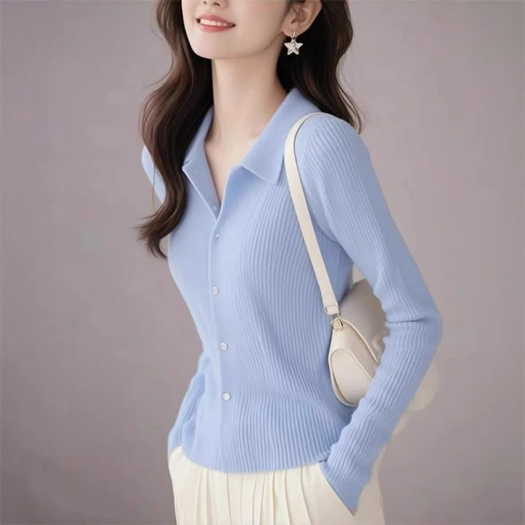 POLO领蓝色针织开衫独特漂亮小衫女2025秋冬新款爆款时尚坑条上衣