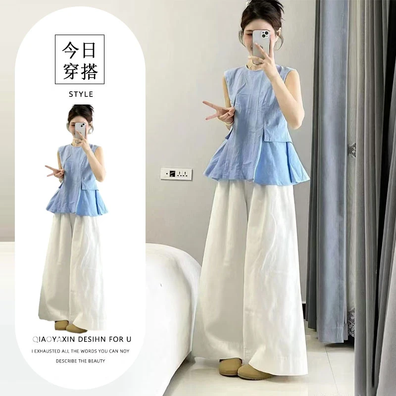 2025超火穿搭一整套女韩系时尚百搭圆领收腰衬衫阔腿裤两件套8760