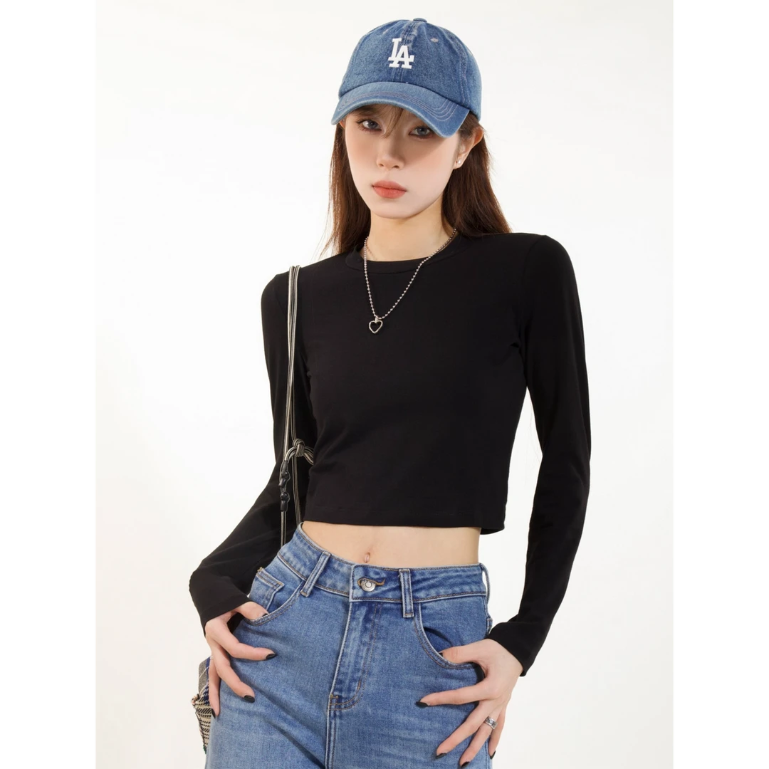 2025早秋新款黑色高腰露脐短款T恤修身长袖内搭紧身打底衫女上衣