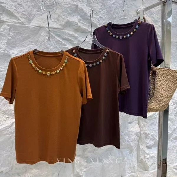 251295 DT.dong 圆领休闲气质吸汗钉珠时尚常规款T恤短袖打底衫