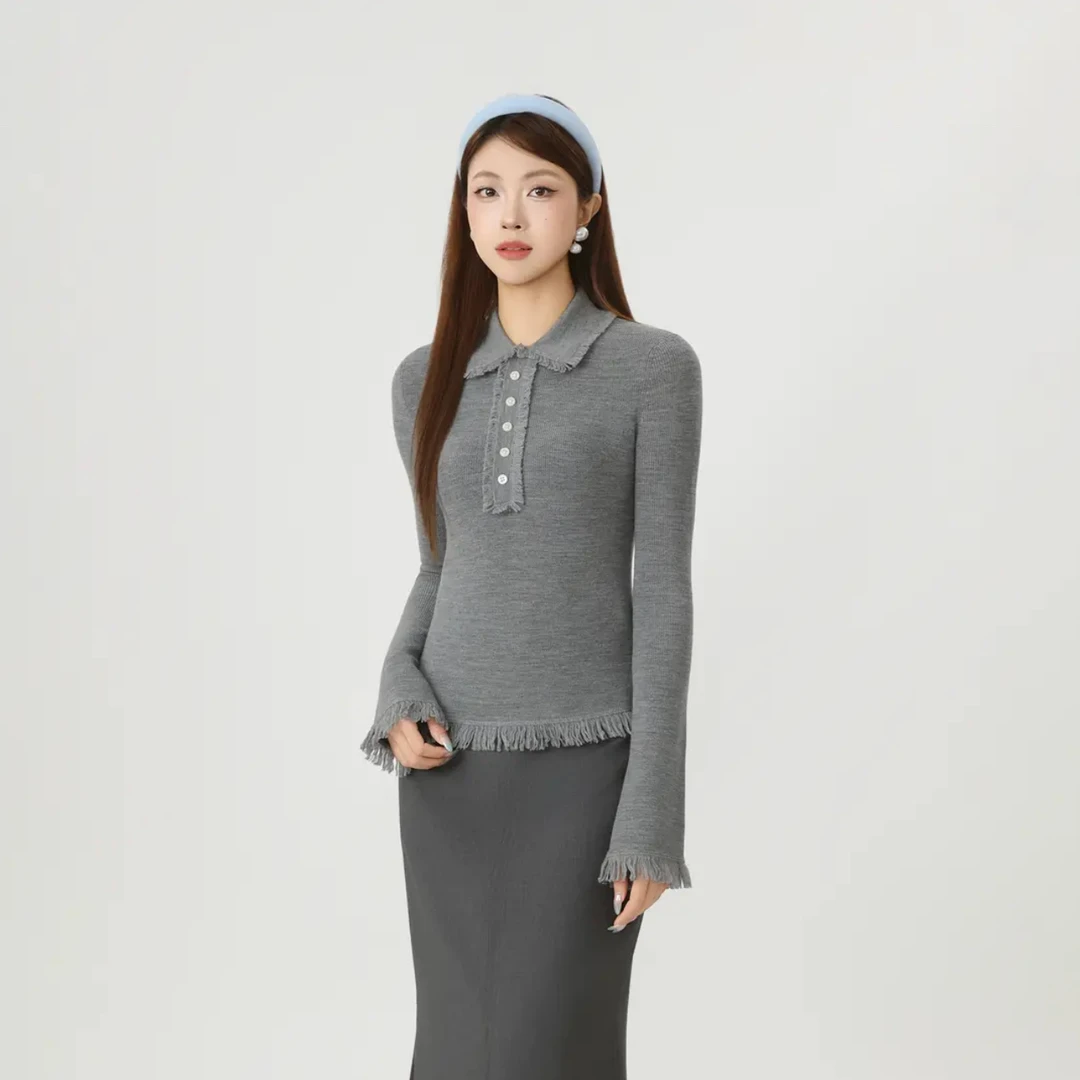 GIRDEAR/哥弟早秋纯欲慵懒风百搭流苏边套头羊毛针织衫女138100