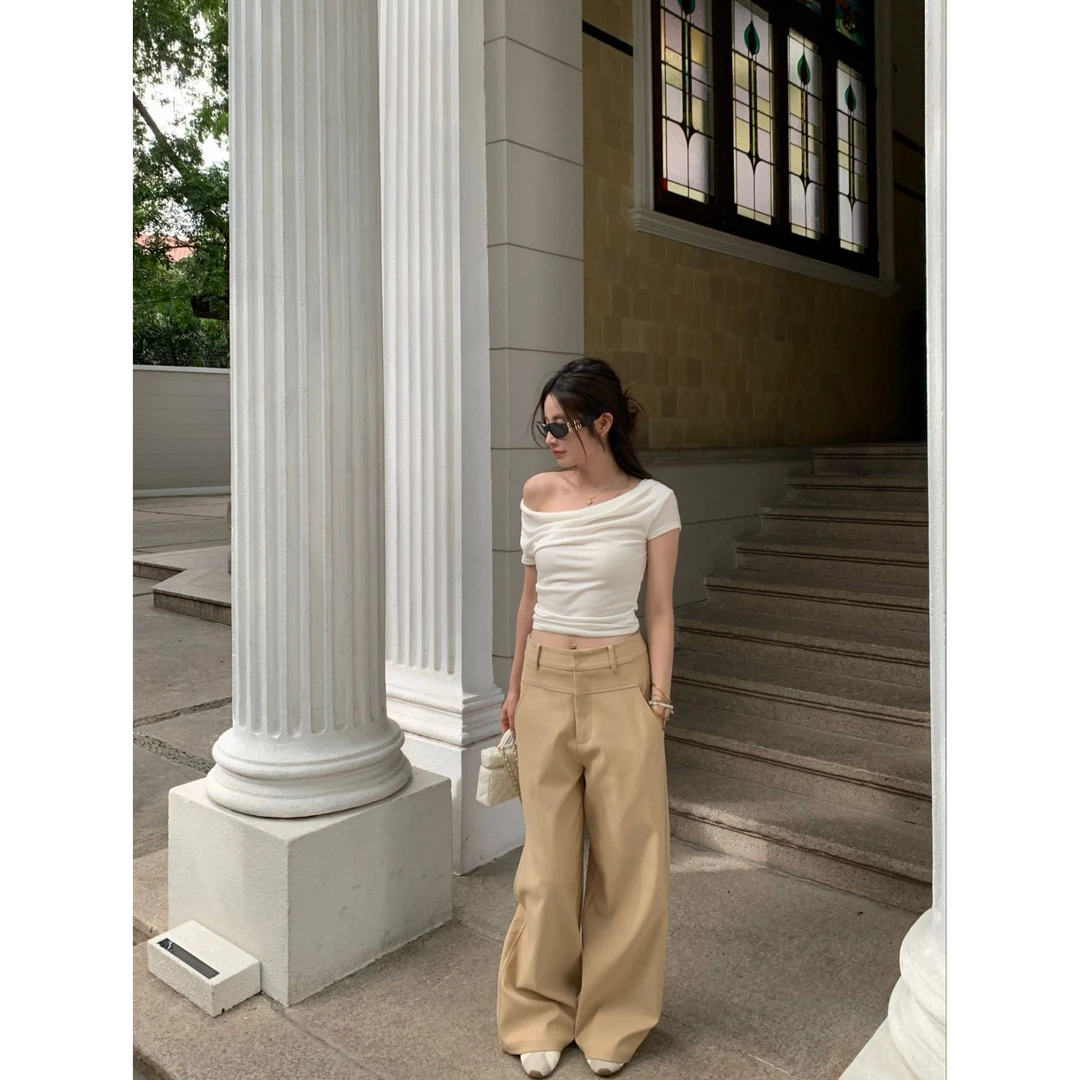 【纸片人】含咩毛裤子女通勤宽松休闲小个子夏季显瘦百搭卡其色裤子