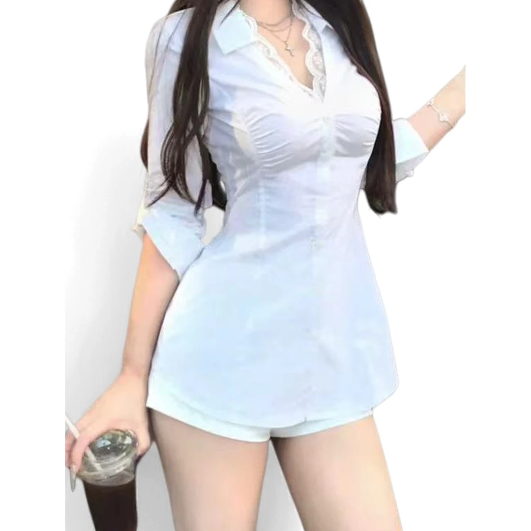 大漂亮家甜辣纯欲蕾丝边衬衫连衣裙女9530短9532长