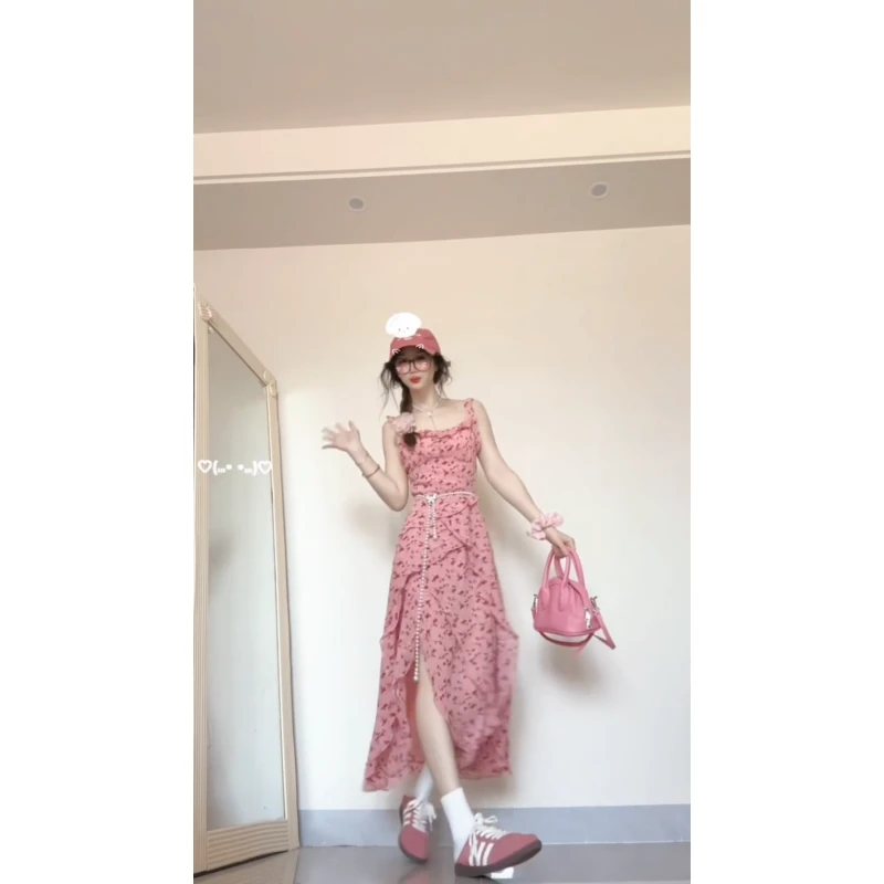 复古港风设计感小众碎花吊带连衣裙夏季荷叶边气质收腰长裙两件套