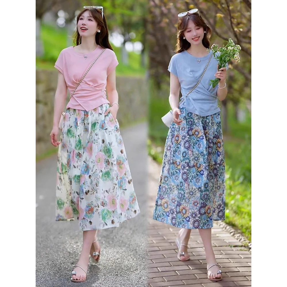 时尚套装女2025夏季新款时髦洋气显瘦短袖上衣碎花半身裙两件套潮