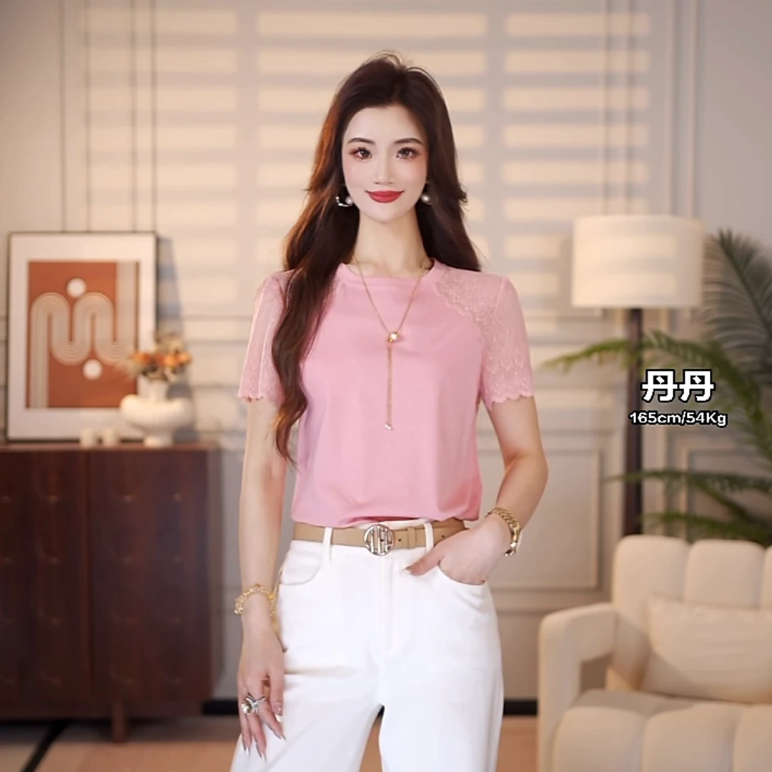 阿玛施夏季新款质感极简风蕾丝短袖t恤精致上衣女5301053黑白粉色