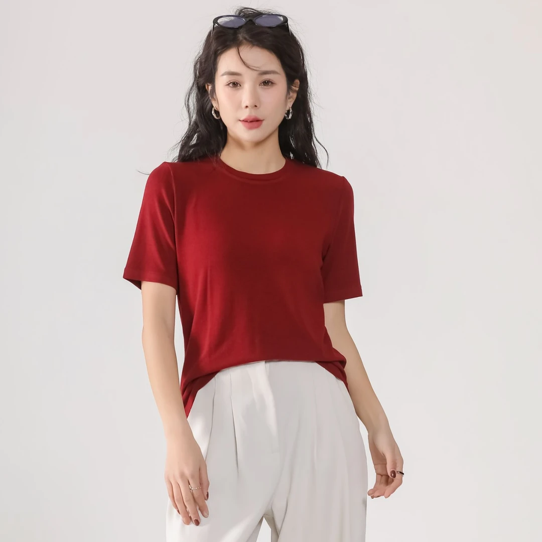 2025夏季短袖t恤女款冰瓷棉圆领百搭女装短袖薄款棉半袖修身t恤女