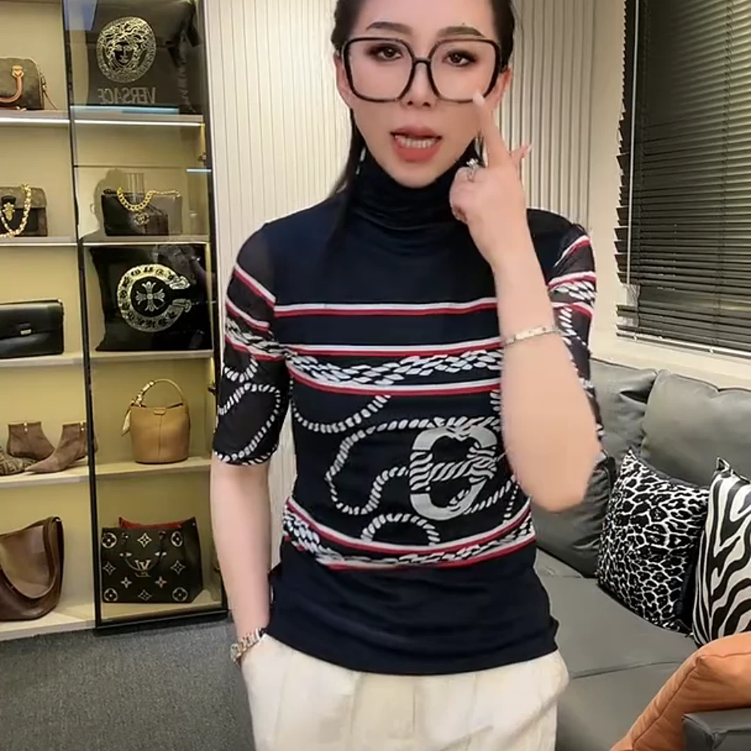 2025新款欧货撞花洋气修身半袖