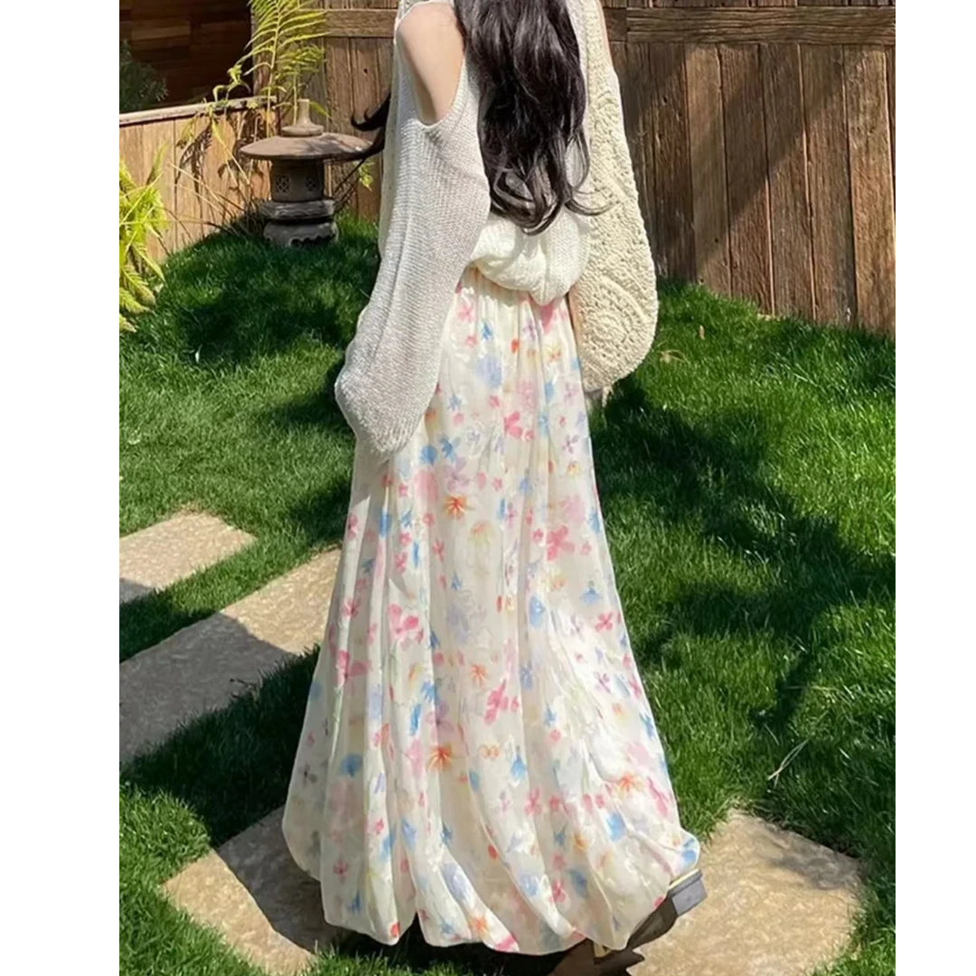 彩色碎花高腰中长款夏季花苞半身裙小个子休闲必备