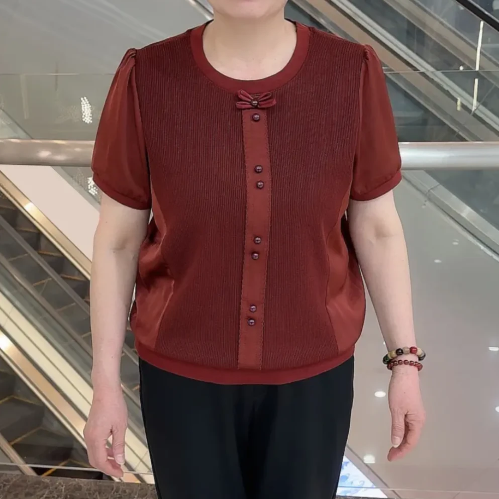 夏季新款圆领短袖拼接减龄妈妈洋气蝴蝶结设计感宽松纯色休闲上衣