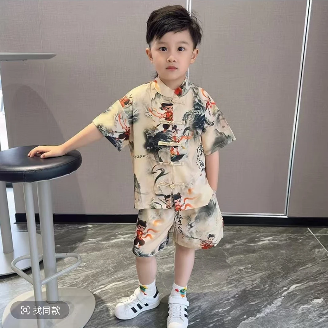 中国风童装夏季唐装男复古男宝哪吒风汉服套装洋气