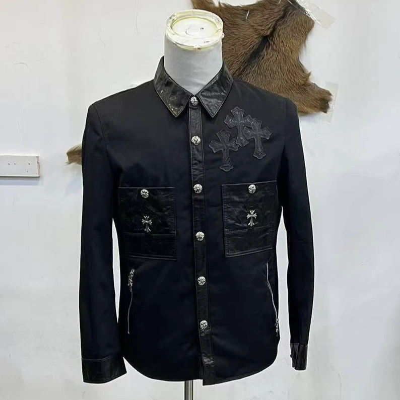 牛皮配布时尚翻领衬衫9321