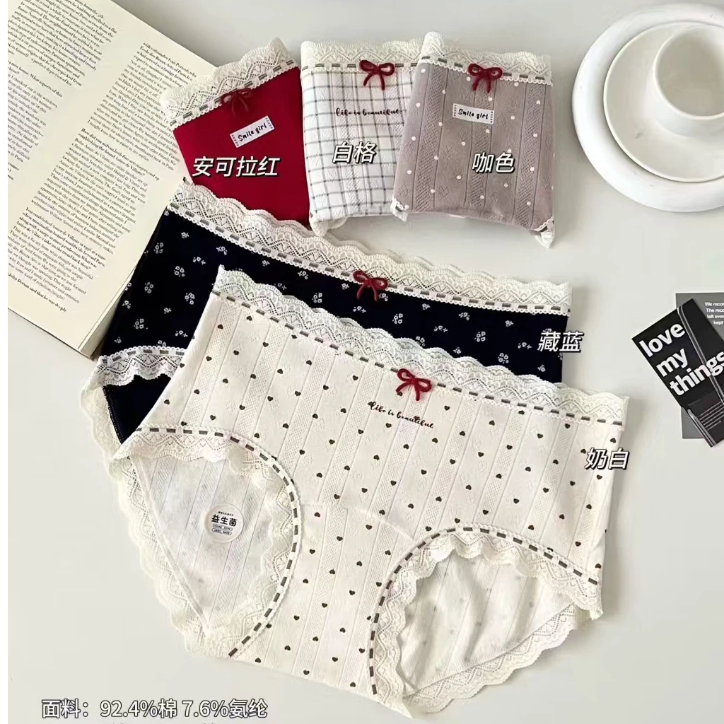 8837波点蝴蝶结中腰三角裤蕾丝边少女内裤时尚女款舒适透气