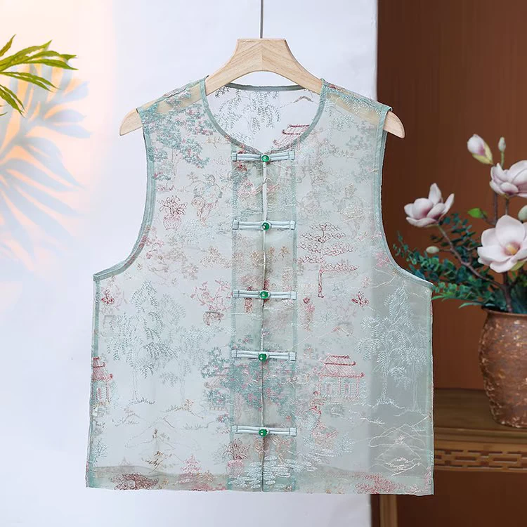 新中式提花马甲女款2025新款夏季高级感国风上衣外搭开衫坎肩马夹