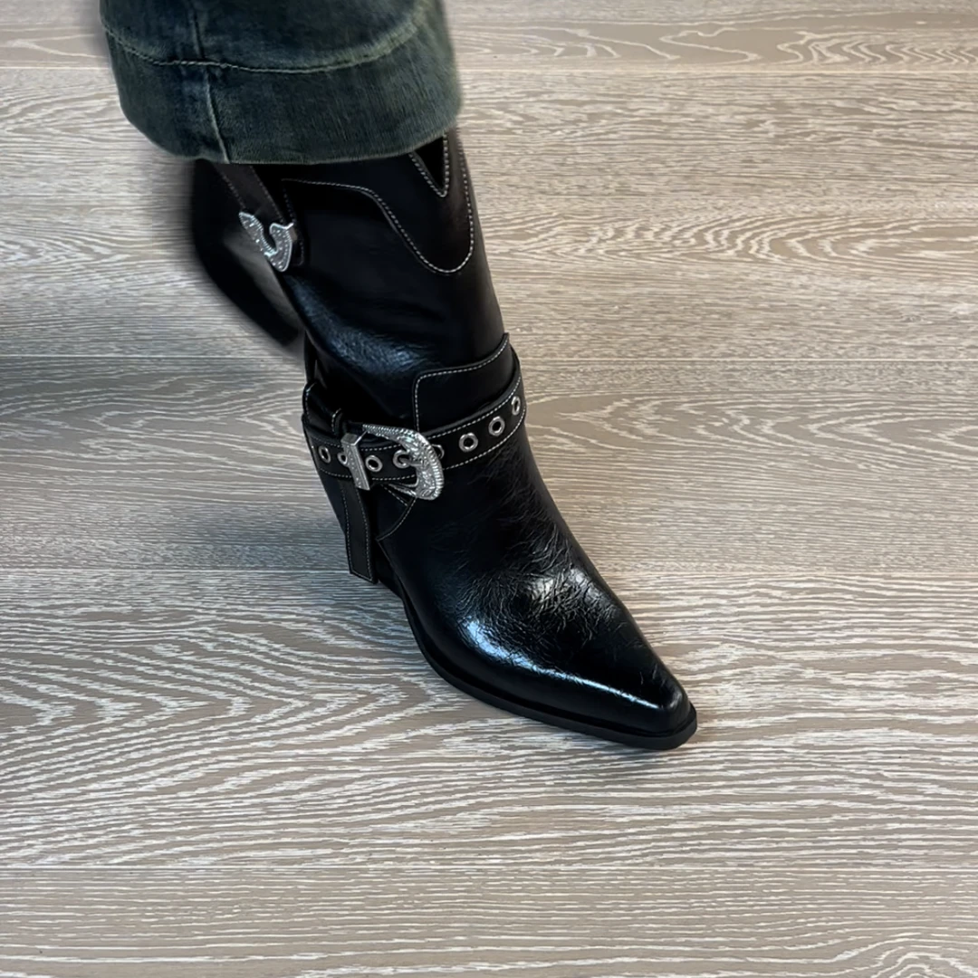 7.1CM牛皮长靴女靴秋冬粗跟女鞋骑士时装靴时尚高跟百搭时尚女鞋