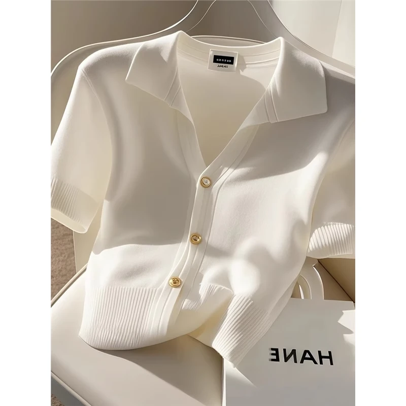 法式气质polo领冰丝短袖T恤女夏季新款微胖MM显瘦小香风短款上衣