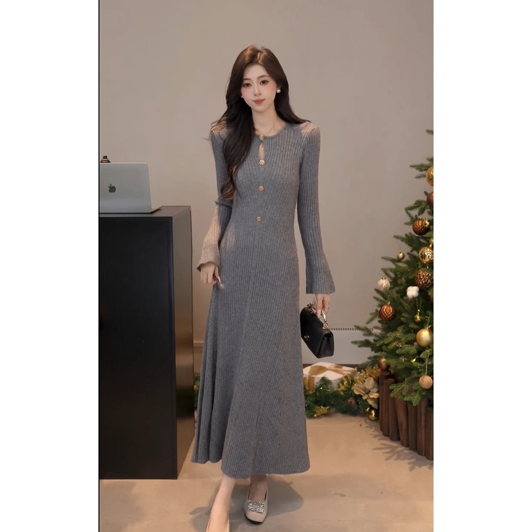 YUANLIANSU/圆脸酥【临以杳清】轻熟优雅风修身针织A字连衣裙秋冬