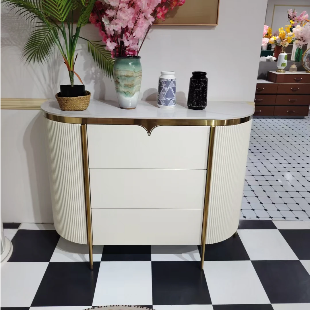 轻奢玄关柜实木储物柜意式鞋柜岩板不锈钢面板岩板奶油色灰色边柜