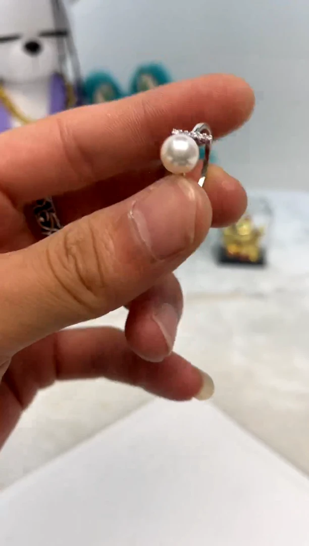 银S925镶嵌戒指海水珍珠7-8