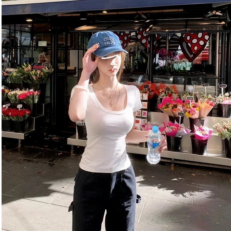 白色短袖修身收腰辣妹上衣女2025新款早春夏季低胸百搭u领正肩t恤