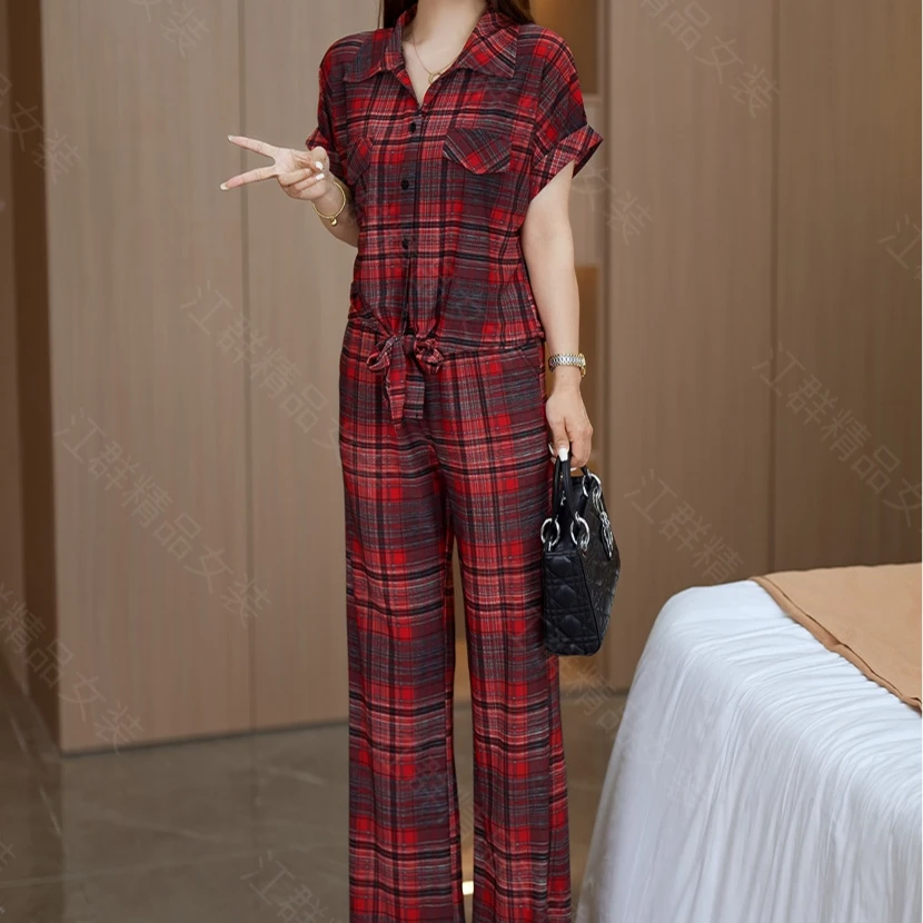 时尚阔腿裤套装套装女2025夏季新款时髦洋气格子显瘦衬衫两件套