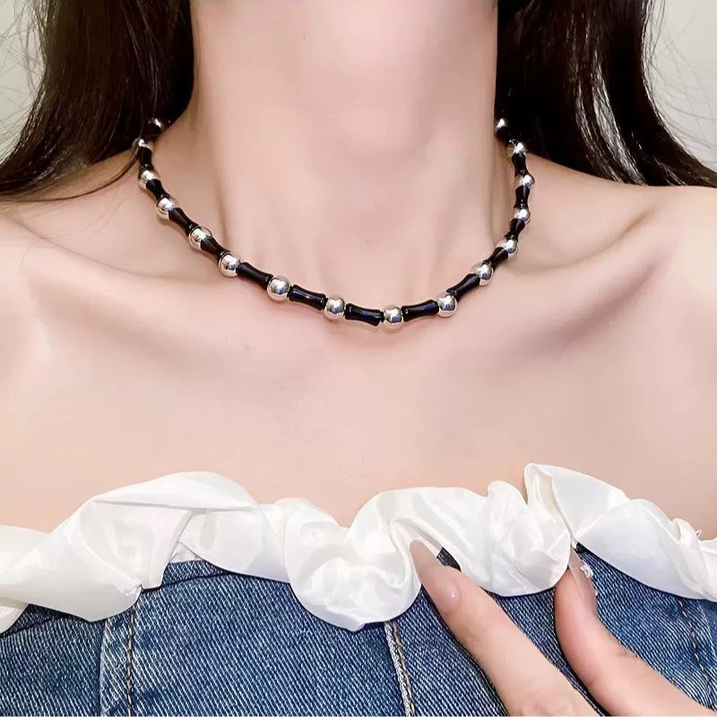 钛钢亚克力项链 mona同款黑色竹节项链配饰卫衣链高级感锁骨链340