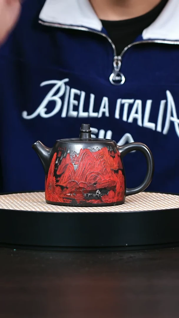 茶壶紫砂土骨石黄泥绘万山红遍汉铎400cc