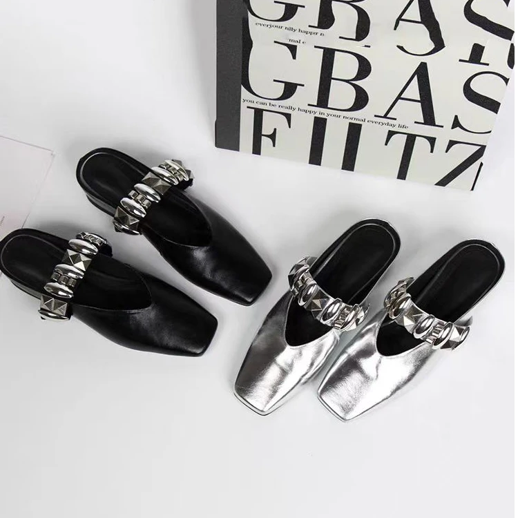 甜酷英伦风金属单鞋女2025欧洲站内增高外穿包头拖方头一字带半拖