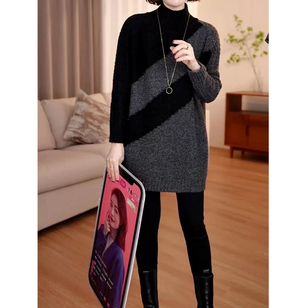 设计感时尚拼色重工镶钻半高领毛衣女春秋新款宽松显瘦百搭针织衫