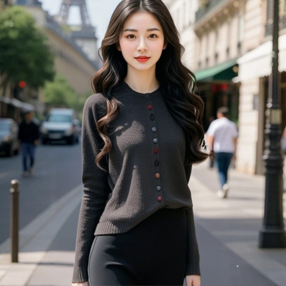 2025春季新款圆领休闲百搭长袖针织开衫毛衣