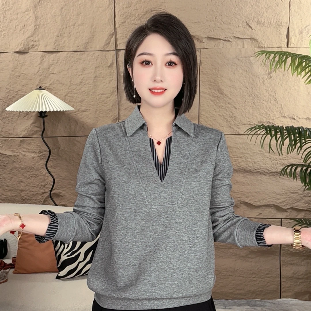 新款假两件套头竖条秋装简约收腰衬衫遮肚子女百搭格子上衣女衬衣